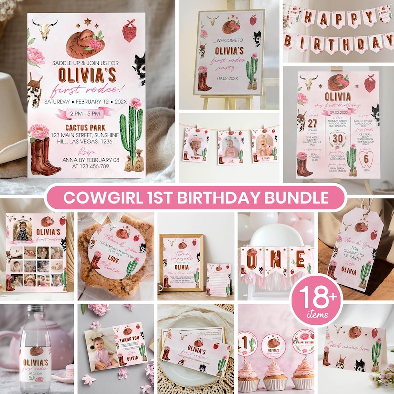 Puede incluir: Un conjunto de papeler&iacute;a para el primer cumplea&ntilde;os con tem&aacute;tica vaquera, con ilustraciones en acuarela de botas, cactus, cr&aacute;neos de vaca y flores rosas. Incluye invitaciones, carteles, banderines, etiquetas y adornos para cupcakes con el texto Olivia's first rodeo.