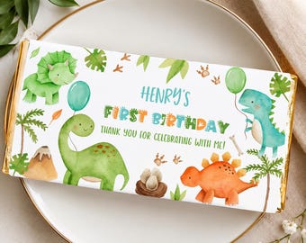 EDITABLE Dinosaur Birthday Party Chocolate Wrapper, Dinosaur 1st Birthday Candy Bar Wrapper, Dinosaur Party Favors, Printable Template D021