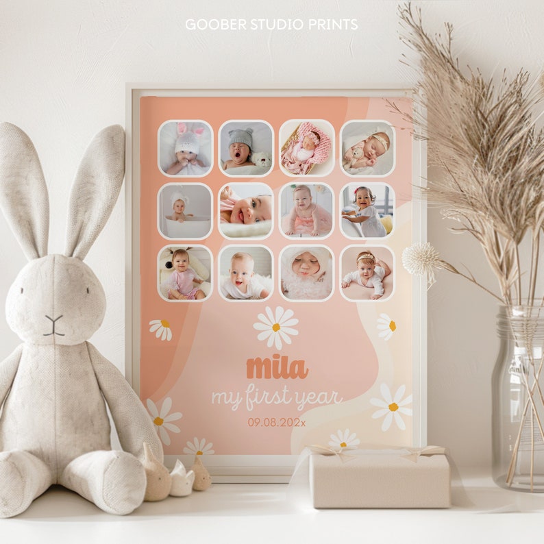 May include: A framed print featuring a collage of baby photos, with the text "mila my first year" and a date. The background is peach with daisy accents. The print is displayed with a stuffed bunny and decorative items.