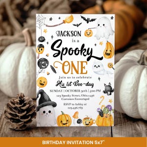 Editable Halloween 1st Birthday Party Decor Kit, Spooky One Birthday Invitation Bundle, Little Boo Birthday Package Instant Download. HA04 image 3