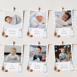 Może przedstawiać: Zestaw sześciu kart fotograficznych w niebiesko-białe kropki, przedstawiający małego chłopca w różnym wieku. Każda karta zawiera zdjęcie dziecka, szklankę mleka z ciasteczkami i butelkę mleka. Karty są oznaczone wiekiem dziecka, np. "Noworodek", "Jeden miesiąc", "Dwa miesiące", "Sześć miesięcy", "Dwanaście miesięcy" i "Pierwszy rok Daniela".