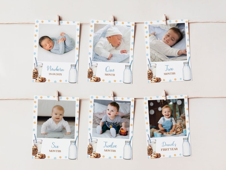 May include: A set of six photo cards with blue and white polka dots, featuring a baby boy at different ages. Each card has a photo of the baby, a glass of milk with cookies, and a milk bottle. The cards are labelled with the baby's age, such as "Newborn", "One Month", "Two Months", "Six Months", "Twelve Months", and "Daniel's First Year".
