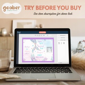 May include: A laptop screen displaying a digital design interface for a mermaid-themed birthday party favor. The design features a pastel watercolor background, a mermaid tail illustration, and text reading Splish Splash A Mermaid Bash.