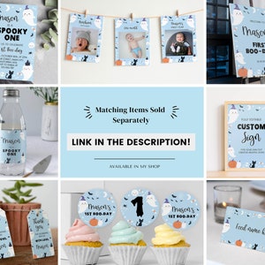 Pu&ograve; includere: Una collezione di decorazioni per feste a tema Halloween in azzurro con fantasmi, zucche e gatti neri. Include inviti, striscioni fotografici, insegne, etichette per bottiglie, decorazioni per cupcake e cartellini con testo come Mason is a Spooky One.
