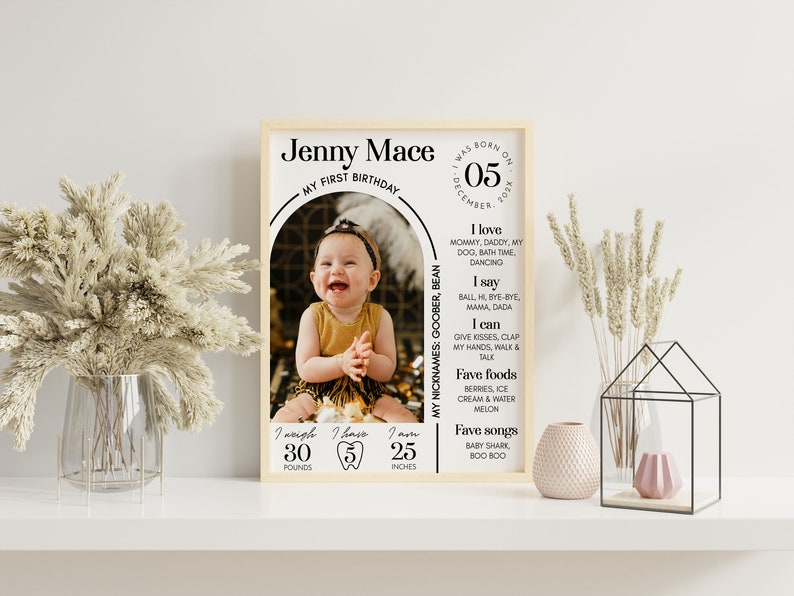 Puede incluir: Un letrero de madera con una foto de una ni&ntilde;a celebrando su primer cumplea&ntilde;os. El letrero incluye el nombre de la ni&ntilde;a, Jenny Mace, su fecha de nacimiento, 5 de diciembre, y detalles sobre su primer a&ntilde;o, incluyendo su peso, altura y cosas favoritas.