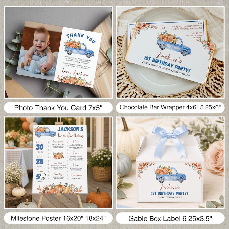 Pu&ograve; includere: Un set di cancelleria per compleanno con tema camion blu e zucche. Include un biglietto di ringraziamento fotografico da 17,8x12,7 cm, un incarto per cioccolato da 10,2x15,2 cm, un poster da 40,6x50,8 cm e un'etichetta da 15,9x8,9 cm.