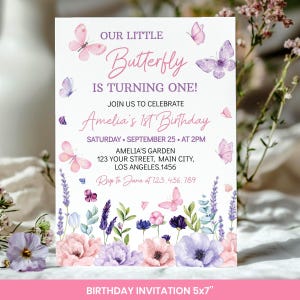 Butterfly Birthday Invitation Bundle, Floral Butterfly 1st Birthday Girl Party Kit, Garden Party Decorations Set, Printable Templates. B021 image 3