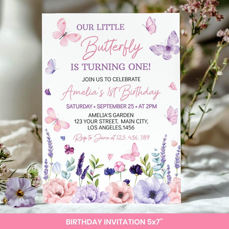 Butterfly Birthday Invitation Bundle, Floral Butterfly 1st Birthday Girl Party Kit, Garden Party Decorations Set, Printable Templates. B021 image 3