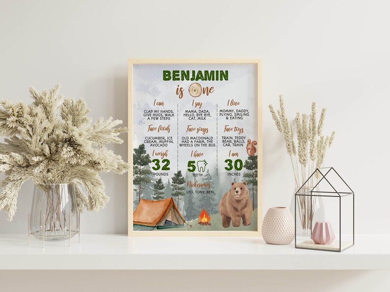 Camping First Birthday Milestone Poster, One Happy Camper Birthday Milestone, Woodland 1st Birthday Milestone Board, Printable Template C006