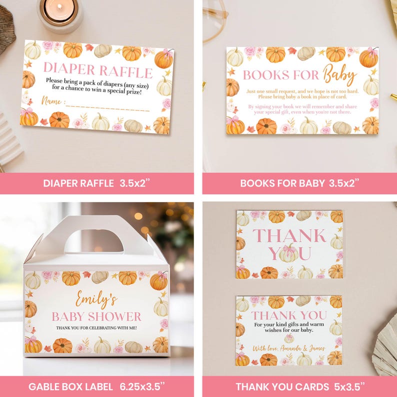 May include: A collection of baby shower stationery featuring a pumpkin theme. Includes a diaper raffle card, a book request card, a gable box label, and thank you cards. The cards are decorated with pumpkins and floral accents.