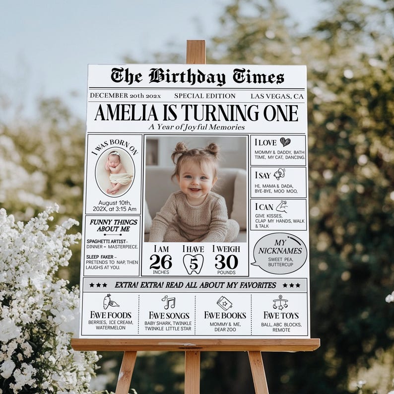 May include: A white rectangular birthday milestone sign titled The Birthday Times featuring a central photograph of a baby, birth details, favourite foods, songs, books, toys, and personal statistics including 26 inches and 30 pounds in black text.