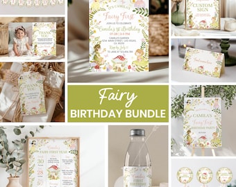 Editable Fairy First Birthday Invitation Bundle, Floral Boho Birthday Invitation Party Kit, Garden Fairy Princess Party Set, Printable. F024