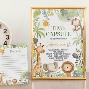 Sjabloon voor tijdcapsule Wild One-verjaardag, tijdcapsulekaarten Wild One-themafeest, Safari-verjaardagsherinnering. Bewerkbaar afdrukbaar. A010