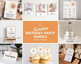 Editable Sunshine 1st Birthday Invitation Bundle, First Trip Around The Sun Birthday Party, Boho 1st Birthday Package, Instant Download S005