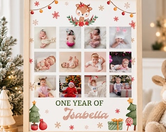 Editable December Birthday First Year Photo Collage, Reindeer 12 Month Collage, Holiday 1st Birthday Photo Milestone Keepsake Template. R009