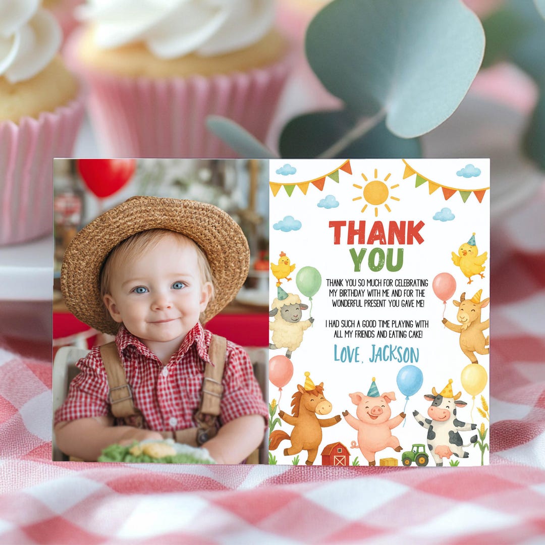 EDITABLE Farm Birthday Thank You Card, Farm Party Photo Thank You Card ...
