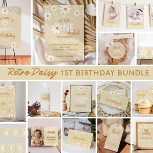 Pacchetto di inviti per il primo compleanno di Daisy modificabili, kit di decorazioni per feste di compleanno di Daisy, pacchetto di compleanno a tema retrò di Daisy, download immediato. D012