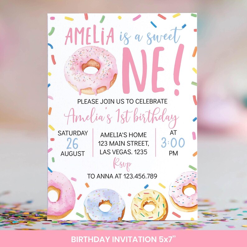 Editable Sweet One First Birthday Invitation Bundle, Donut Birthday Party Decor Kit, Girl 1st Birthday Package Instant Download. D010 image 3