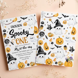 May include: Two rectangular Halloween-themed invitation cards featuring watercolor illustrations of ghosts, pumpkins, bats, and candy. The text reads: Jackson is a Spooky ONE, Join us to celebrate His 1st Boo-day, SUNDAY | OCTOBER 30th | 5:00 PM.
