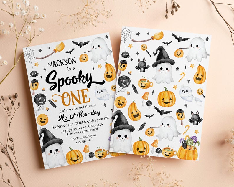 May include: Two rectangular Halloween-themed invitation cards featuring watercolor illustrations of ghosts, pumpkins, bats, and candy. The text reads: Jackson is a Spooky ONE, Join us to celebrate His 1st Boo-day, SUNDAY | OCTOBER 30th | 5:00 PM.