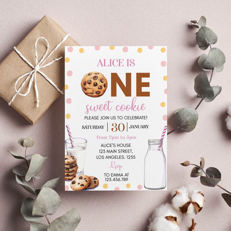 EDITABLE Milk and Cookies First Birthday Invitation, Girl 1st Birthday Party, One Sweet Cookie Printable Birthday Card. C010 image 1