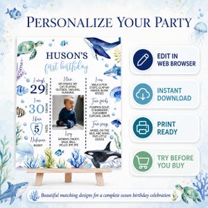May include: A personalized ocean-themed birthday milestone sign featuring watercolor illustrations of a sea turtle, whale, shark, and orca. The sign displays text including Huson's first birthday, weight of 29 pounds, height of 30 inches, and 5 teeth.