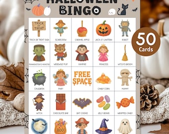 Karty do gry w bingo na Halloween do druku, zabawna gra na imprezę halloweenową dla dzieci i dorosłych, natychmiastowa aktywność dla całej rodziny do pobrania, 50 kart do gry w bingo w klasie
