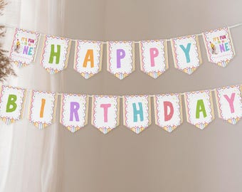Editable Fun to Be One Birthday Banner | One Is Fun First Birthday Banner Flags | Colorful Rainbow Party Decor | Instant Download | O018