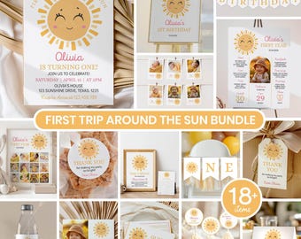 Editable First Trip Around The Sun Birthday Invitation Bundle, Girl Birthday Party Decor,  Cute Sunshine Birthday Bundle, Printable. S018