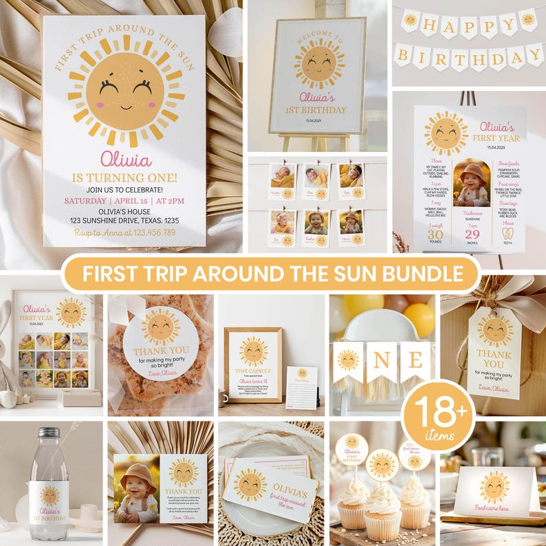 Puede incluir: Un conjunto de art&iacute;culos para fiesta de cumplea&ntilde;os con un dise&ntilde;o de sol amarillo sonriente. Incluye invitaciones, carteles de hitos, banderines, etiquetas de agradecimiento, adornos para cupcakes y letreros con el texto Olivia is turning one.