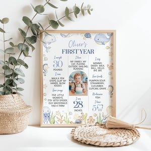 May include: A framed milestone poster titled Oliver's First Year, featuring blue sea creature illustrations, a central photo of a child with a cake, and text detailing weight of 30 pounds, height of 28 inches, favorite foods, songs, and nicknames.