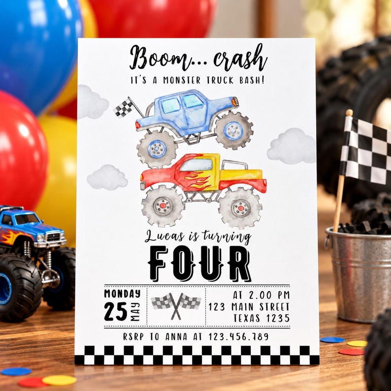 Puede incluir: Una tarjeta de invitaci&oacute;n de cumplea&ntilde;os rectangular blanca con ilustraciones en acuarela de un cami&oacute;n monstruo azul y uno rojo. El texto dice: Boom... crash IT'S A MONSTER TRUCK BASH! Lucas is turning FOUR, Monday 25 May at 2.00 PM, 123 Main Street Texas 1235.