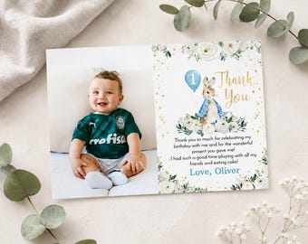 Vintage Bunny Birthday Thank You Card, Classic Rabbit Party Photo Thank You Card, Boy 1st Birthday Favor Card, Instant Download. P007