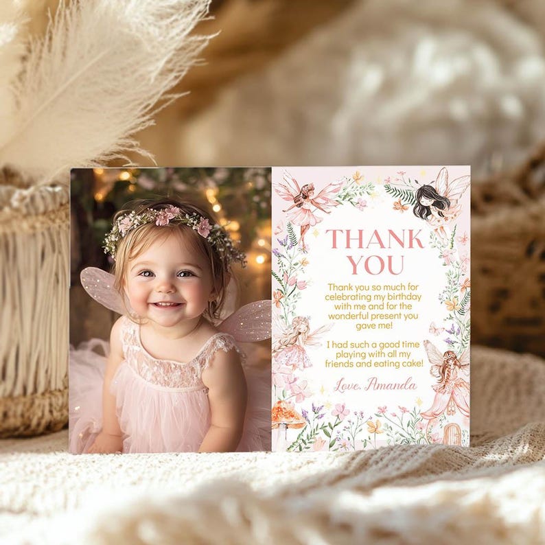 EDITABLE Fairy Birthday Thank You Card, Garden Party Thank You Card, Fairy Birthday Photo Thank You Card, Instant Download