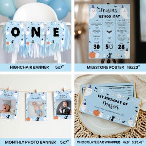 May include: A collection of baby birthday party decorations featuring a light blue theme with ghost, pumpkin, and black cat illustrations. Includes a highchair banner, a 16x20 inch milestone poster, a monthly photo banner, and a 4x5.25 inch chocolate bar wrapper.