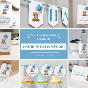 May include: A collection of first birthday party stationery featuring a watercolor brown teddy bear holding blue balloons with the number one. Items include invitations, banners, signs, water bottle labels, gift tags, cupcake toppers, and food cards.