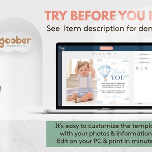 Pode incluir: Uma tela de laptop exibindo um modelo de cart&atilde;o de agradecimento personaliz&aacute;vel com um gr&aacute;fico de bal&atilde;o de ar quente azul e a foto de uma crian&ccedil;a pequena. O texto diz TRY BEFORE YOU BUY! See item description for demo link e It's easy to customize the template with your photos & information. Edit on your PC & print in minutes.