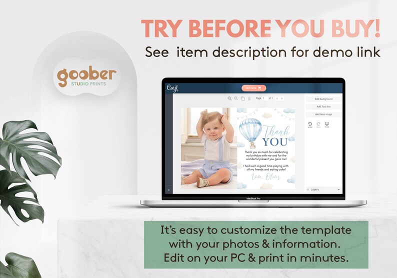 Pode incluir: Uma tela de laptop exibindo um modelo de cart&atilde;o de agradecimento personaliz&aacute;vel com um gr&aacute;fico de bal&atilde;o de ar quente azul e a foto de uma crian&ccedil;a pequena. O texto diz TRY BEFORE YOU BUY! See item description for demo link e It's easy to customize the template with your photos & information. Edit on your PC & print in minutes.
