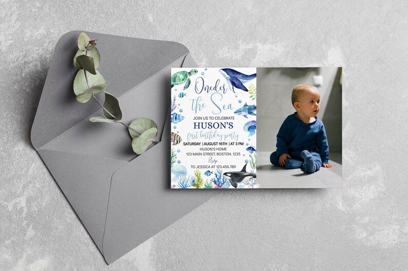EDITABLE Under The Sea Birthday Photo Invitation , Oneder The Sea First Birthday Invite, Ocean Animals Birthday Party, Printable. O004 image 4