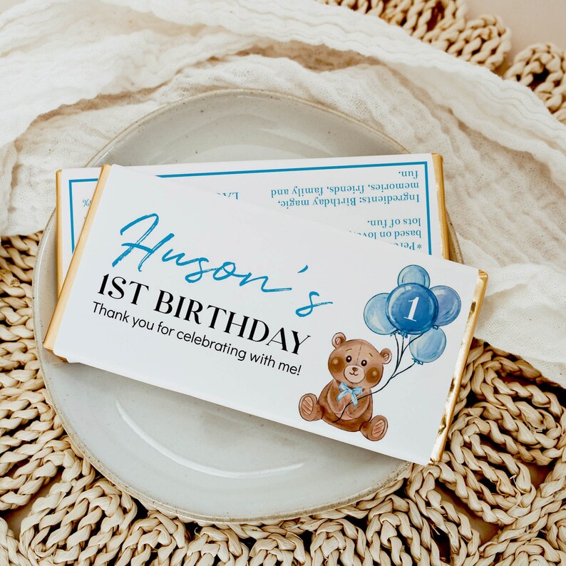 EDITABLE Bear Birthday Party Chocolate Wrapper, Beary First Birthday Candy Bar Wrapper, Teddy Bear Party Favor, Instant Download. T004