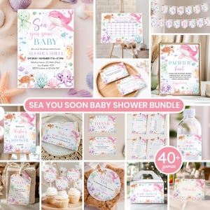 May include: A sea-themed baby shower bundle featuring invitations, games, and signage with illustrations of a pink whale, octopus, turtle, and jellyfish. The text includes "Sea you soon BABY," "PACIFIER hunt," and "THANK YOU" on various printed paper items.