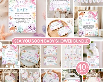 Ocean Baby Shower Bundle | Under the Sea Party Decor Games | Sea You Soon Baby Shower Kit | Printable Pink Baby Shower Set Templates. O015