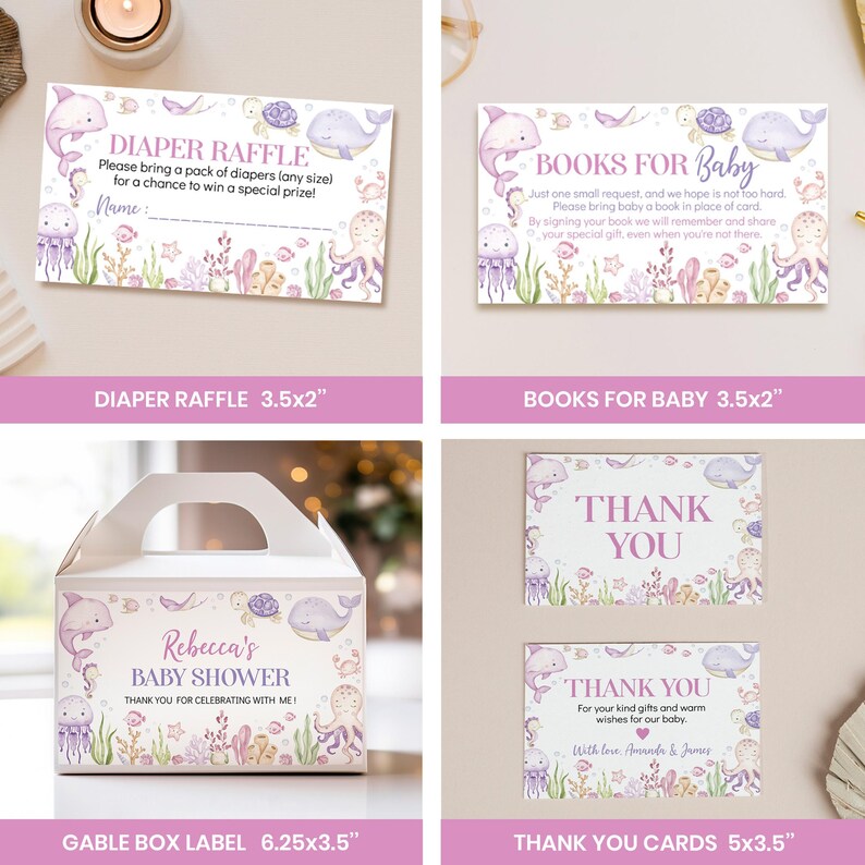 Puede incluir: Un conjunto de papeler&iacute;a para baby shower con criaturas marinas en acuarela, incluyendo un delf&iacute;n, ballena, pulpo y medusa. El set incluye una tarjeta de rifa de 8,9x5,1 cm, una tarjeta de libros de 8,9x5,1 cm, una etiqueta de caja de 15,9x8,9 cm y tarjetas de agradecimiento de 12,7x8,9 cm.