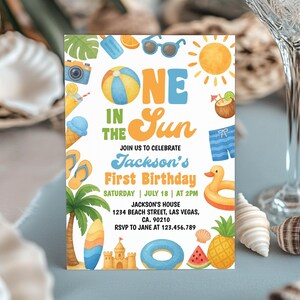 Editable One in the Sun Birthday Invitation, Baby First Birthday Summer Party Invite, Tropical Beach Theme Printable Template. S024