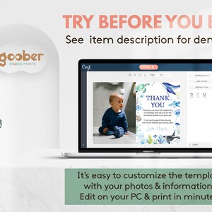 May include: A laptop screen displays a customizable thank you card template featuring watercolor sea creatures, including a whale, turtle, and dolphin. The text reads THANK YOU, followed by personalized message text and a name. The interface shows editing tools.