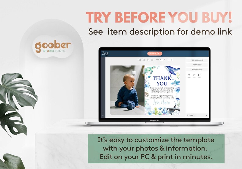 May include: A laptop screen displays a customizable thank you card template featuring watercolor sea creatures, including a whale, turtle, and dolphin. The text reads THANK YOU, followed by personalized message text and a name. The interface shows editing tools.