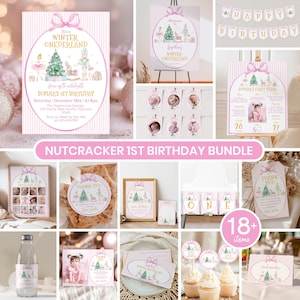 Winter Onederland Birthday Bundle, Nutcracker 1st Birthday Party Package, Girl Birthday Invitation & Decor, Printable Templates