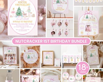 Nussknacker-Geburtstagspaket für den 1. Geburtstag | Winterwunderland-Geburtstagsparty | Rosa Weihnachtsdeko für den 1. Geburtstag | Sofortiger Download zum Bearbeiten. N004