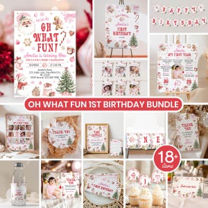 Christmas First Birthday Invitation Bundle, Oh What Fun It Is To Be One Invite Kit, Winter Holiday Birthday Package, Instant Download