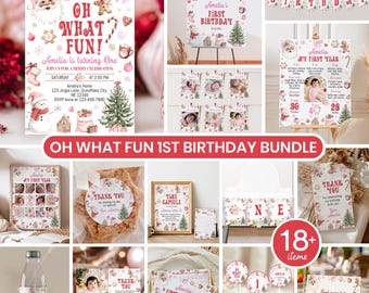 Oh What Fun 1. Geburtstagspaket | Rosa Weihnachtsparty zum 1. Geburtstag | Bearbeitbare Feiertagsvorlagen | Sofort-Download | HC04